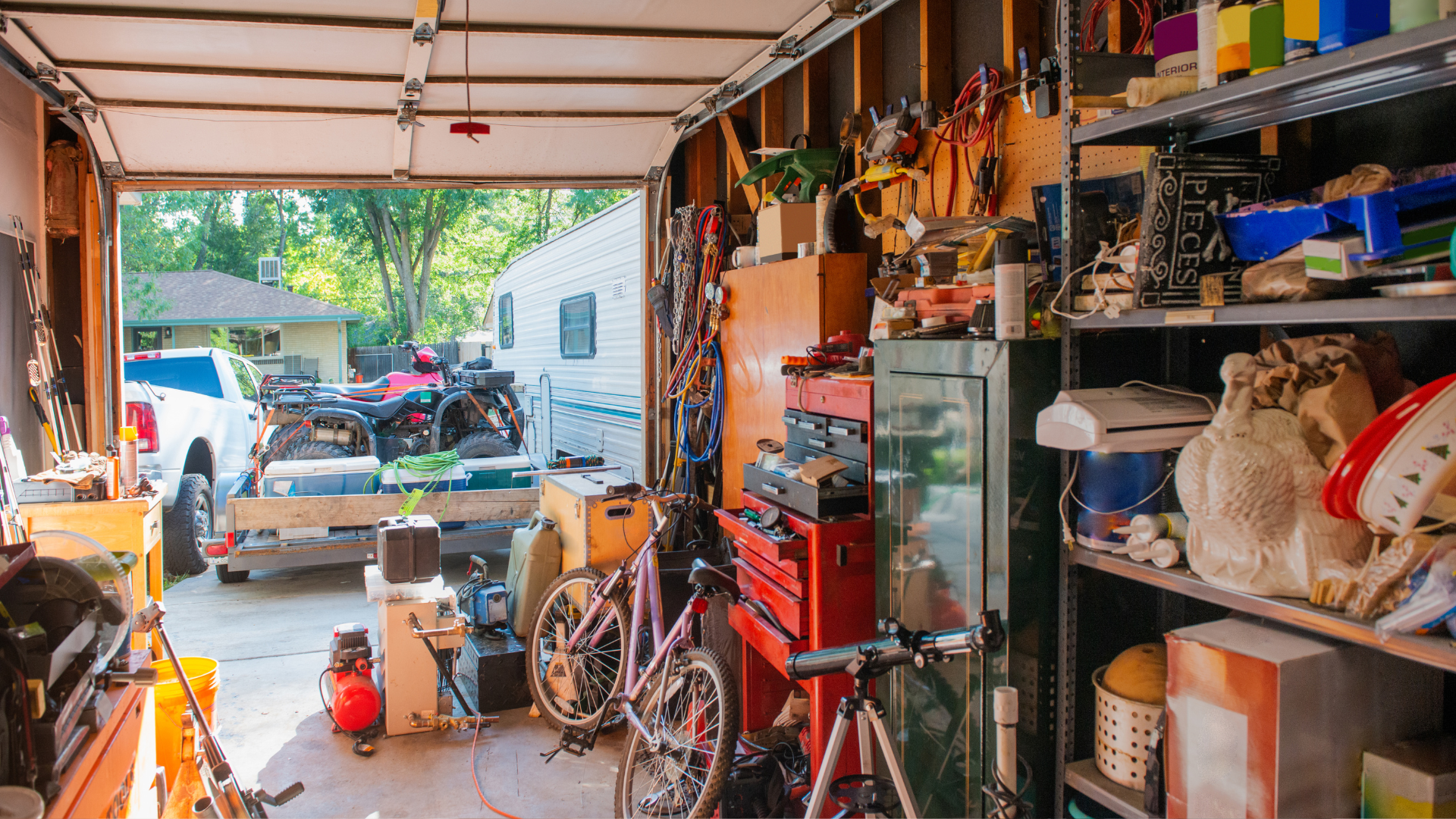 A garage filled with lots of assorted items