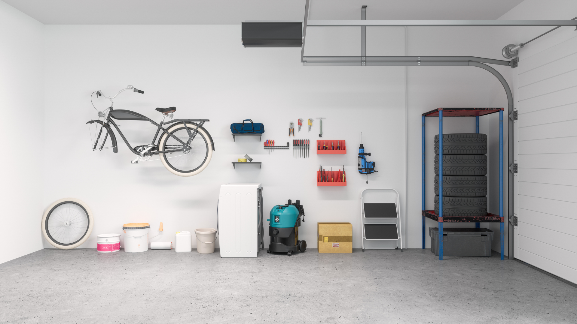 A garage with a bike mounted to the wall