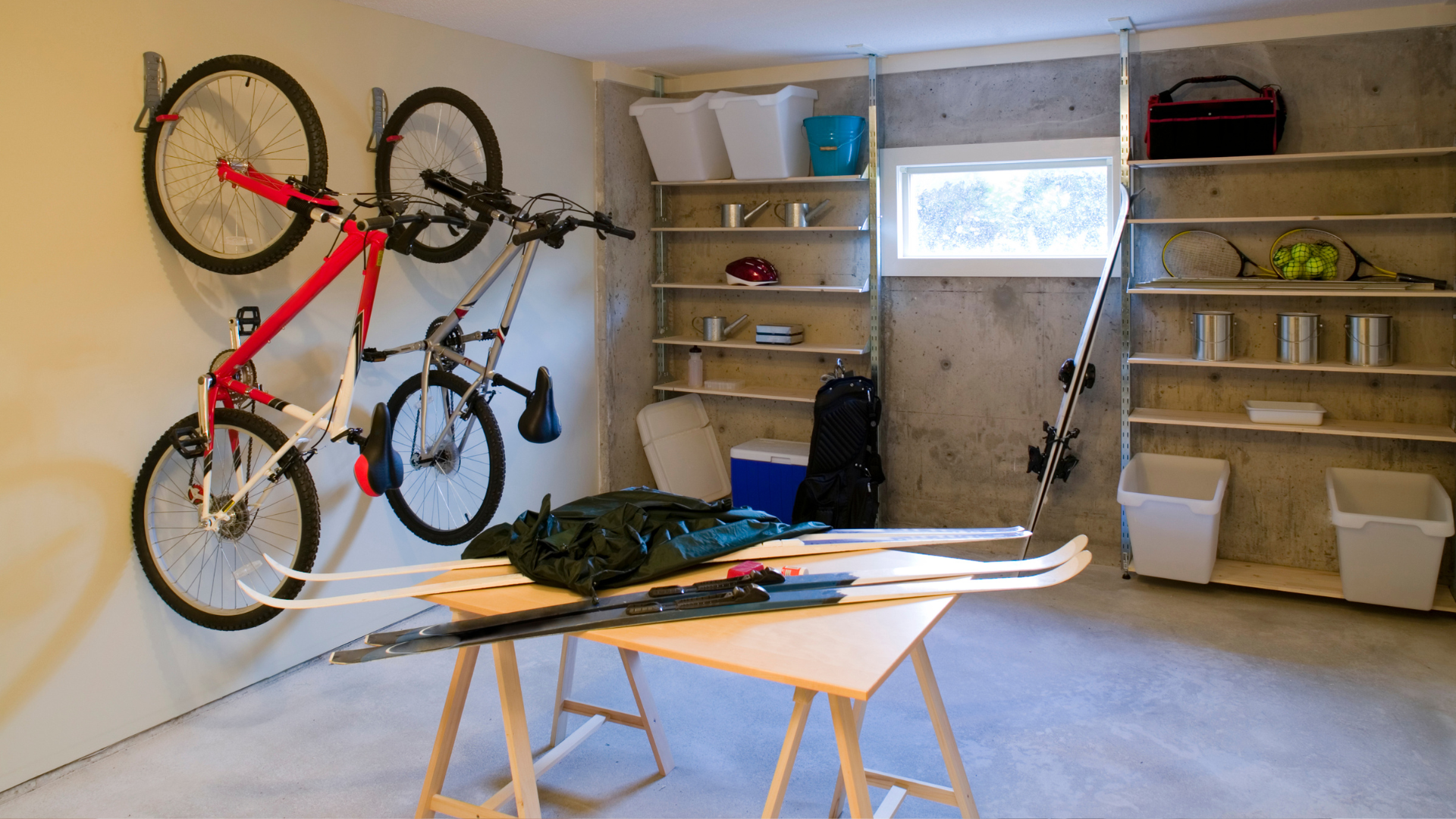 A room with two bikes hanging on the wall